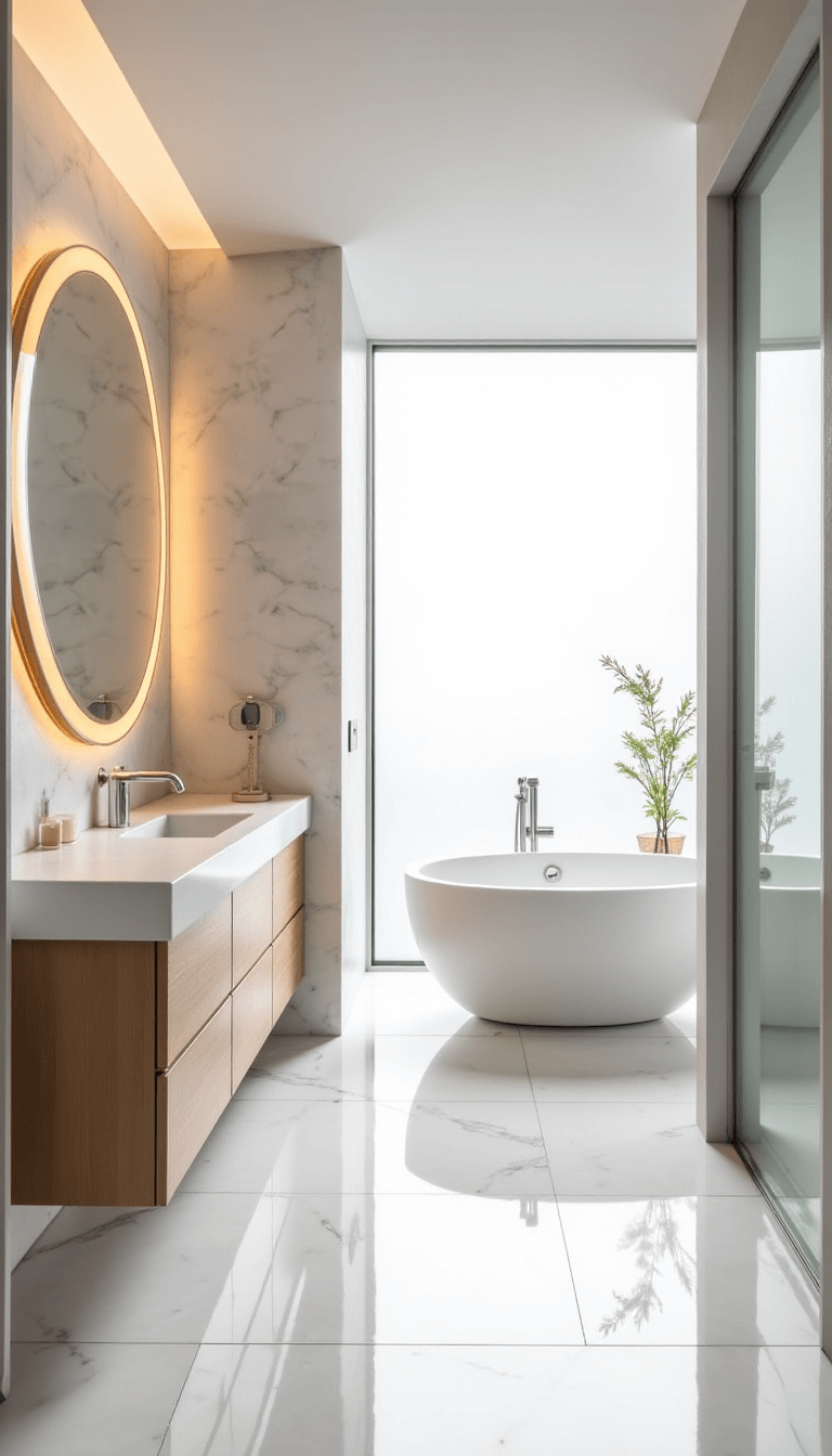 Luxurious spa-like bathroom with floor-to-ceiling marble tiles, bleached oak floating vanity with undermount lighting, oversized circular mirror with LED lighting, freestanding tub next to a frosted window, and mixed metal fixtures in brushed nickel and champagne bronze.