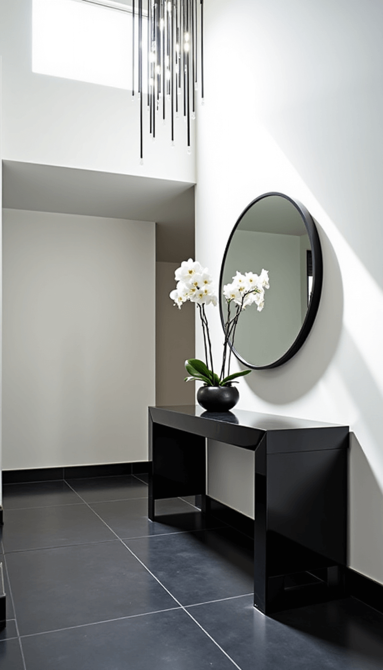 Modern entryway with black and white color blocking, smoked glass floating console, oversized round mirror reflecting skylight, single orchid arrangement and chandelier casting interesting shadows
