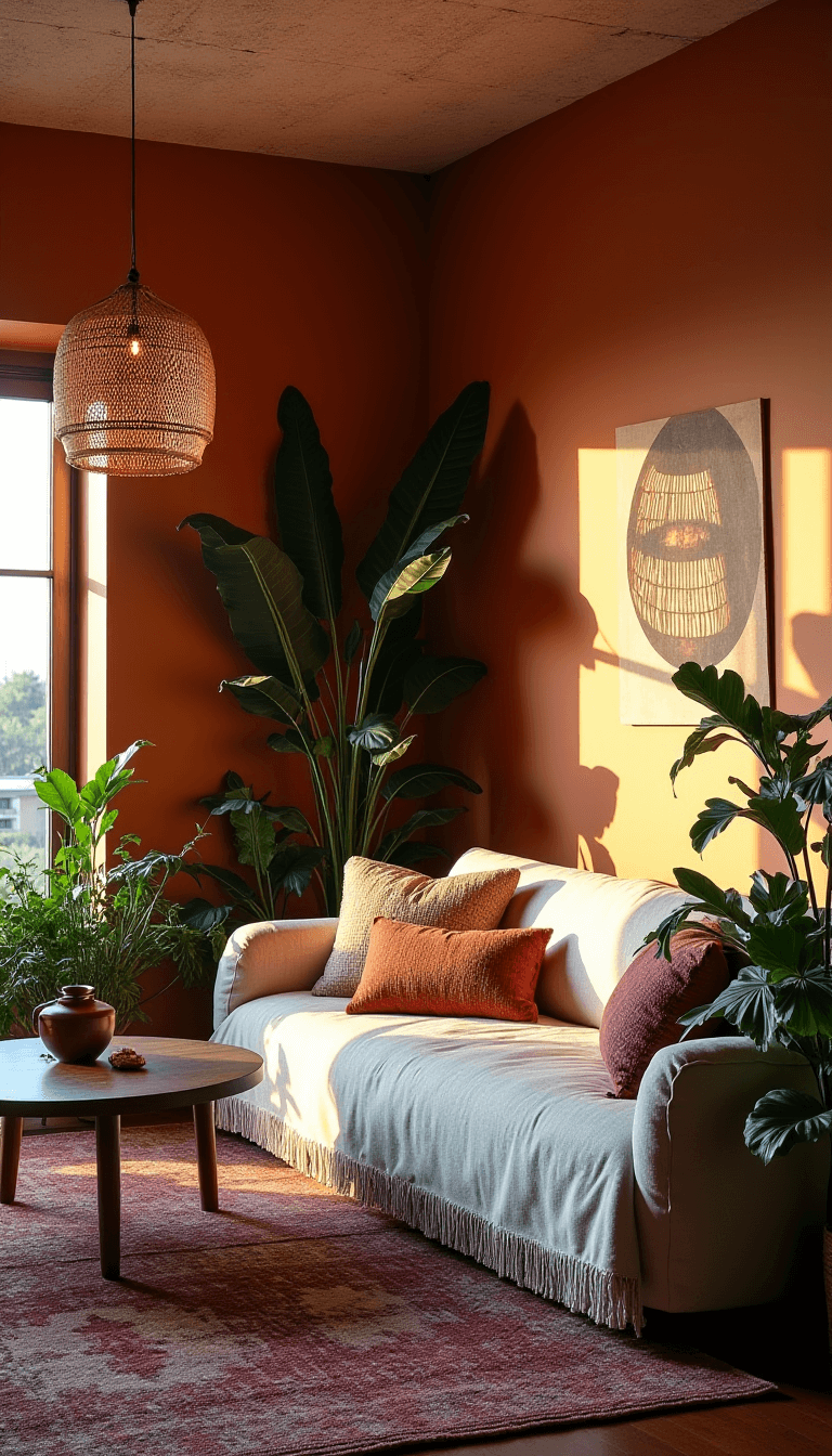 Bohemian living room bathed in sunset light, featuring terracotta walls, white textured ceiling, layered vintage rugs, natural linen sectional sofa, rattan pendant lights, and abundant plants.