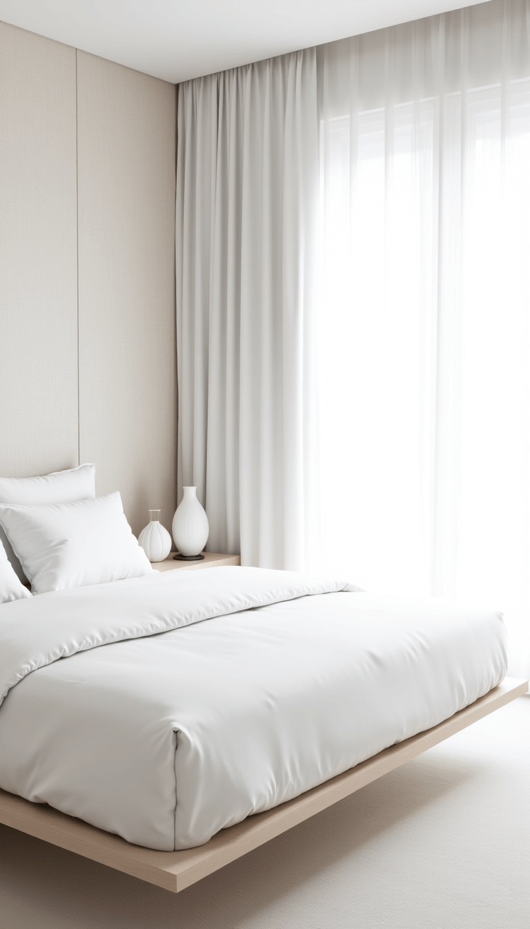 Minimalist bedroom at dawn with all-white scheme, platform bed, floating nightstands, and ceramic vessels under cool morning light