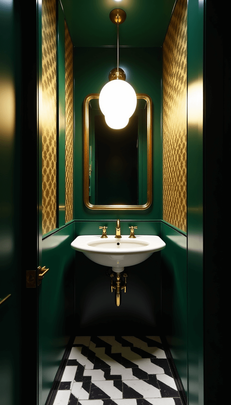 Art deco powder room with high-gloss emerald walls, gold geometric wallpaper, vintage brass vanity, marble top, brass-framed mirror, and black and white chevron marble floor under dramatic pendant light at night