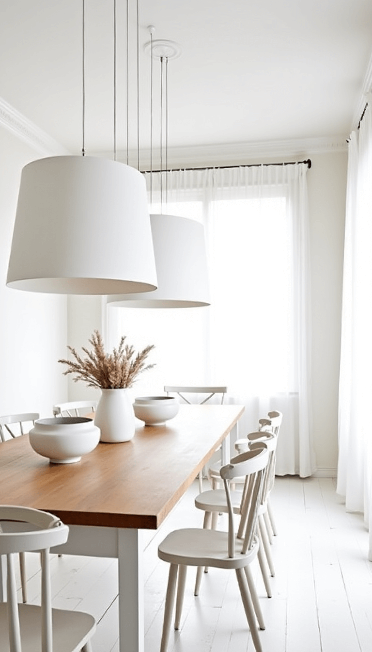 Scandinavian dining room with white walls, pale wood details, long oak table, white vintage chairs, oversized paper pendant lights, white ceramics, dried botanicals, under natural light filtering through gauzy curtains