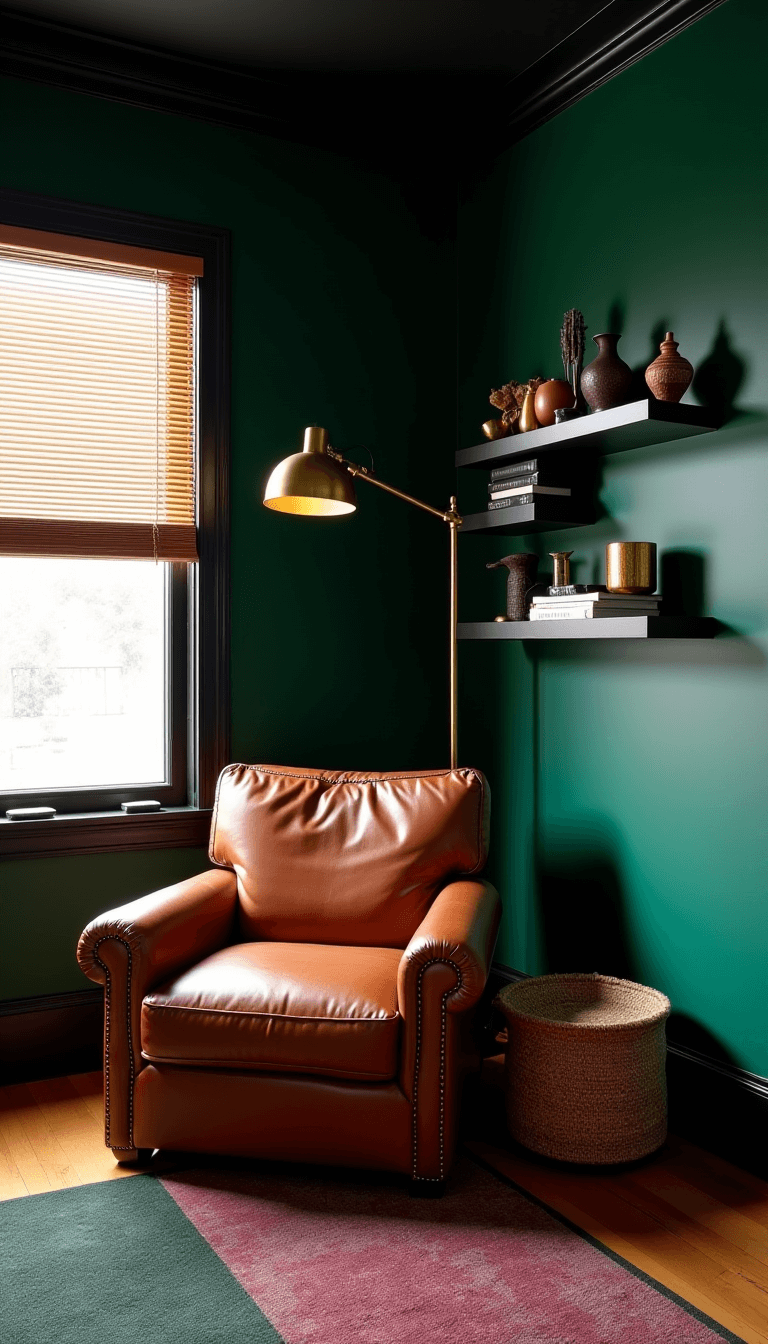 Emerald green bedroom corner with cognac brown leather chair, brass lamp, vintage rugs and black floating shelves displaying art and ceramics, illuminated by afternoon light and warm LED fills.