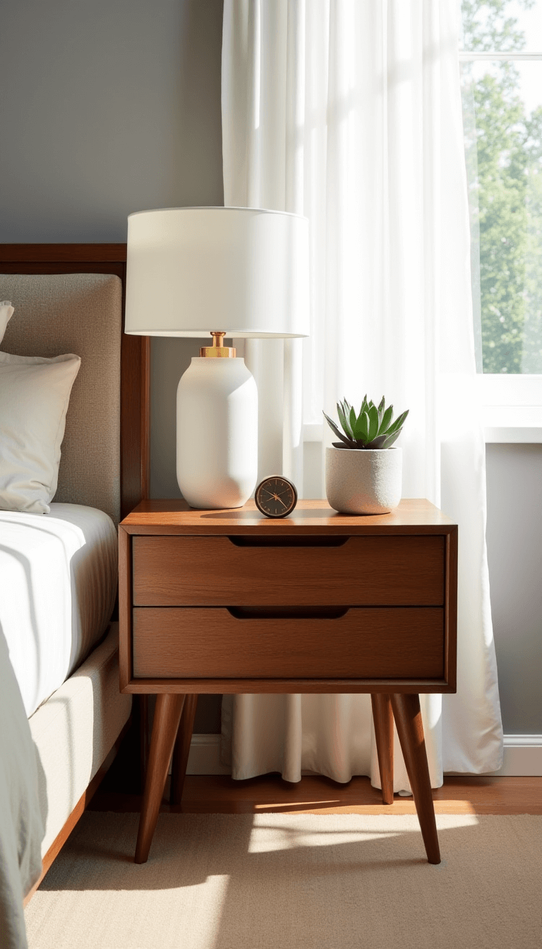 Morning light illuminates a mid-century modern walnut nightstand against cream bedding, adorning with a ceramic lamp, brass clock, and a succulent in a concrete planter in a sun-soaked bedroom with cool grey walls.