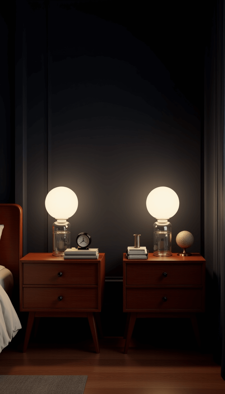 Moody master bedroom at dusk featuring dramatic crown molding, matching teak nightstands with bubble glass table lamps, and rich wood grain against deep navy walls