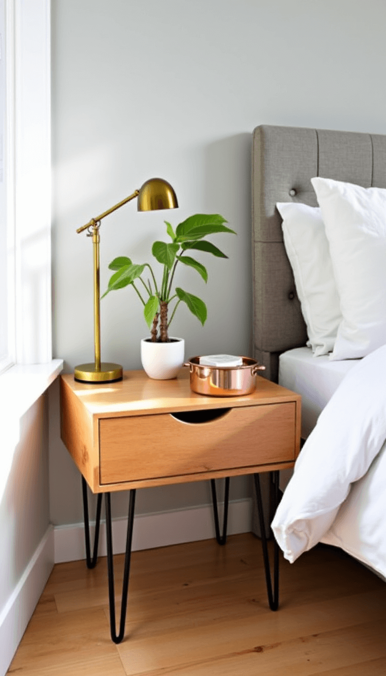 Bright, minimalist corner bedroom with large windows, white oak flooring, and a small maple nightstand featuring a brass lamp, green pot plant, and essentials on a copper tray; shot at a downward angle to highlight details.