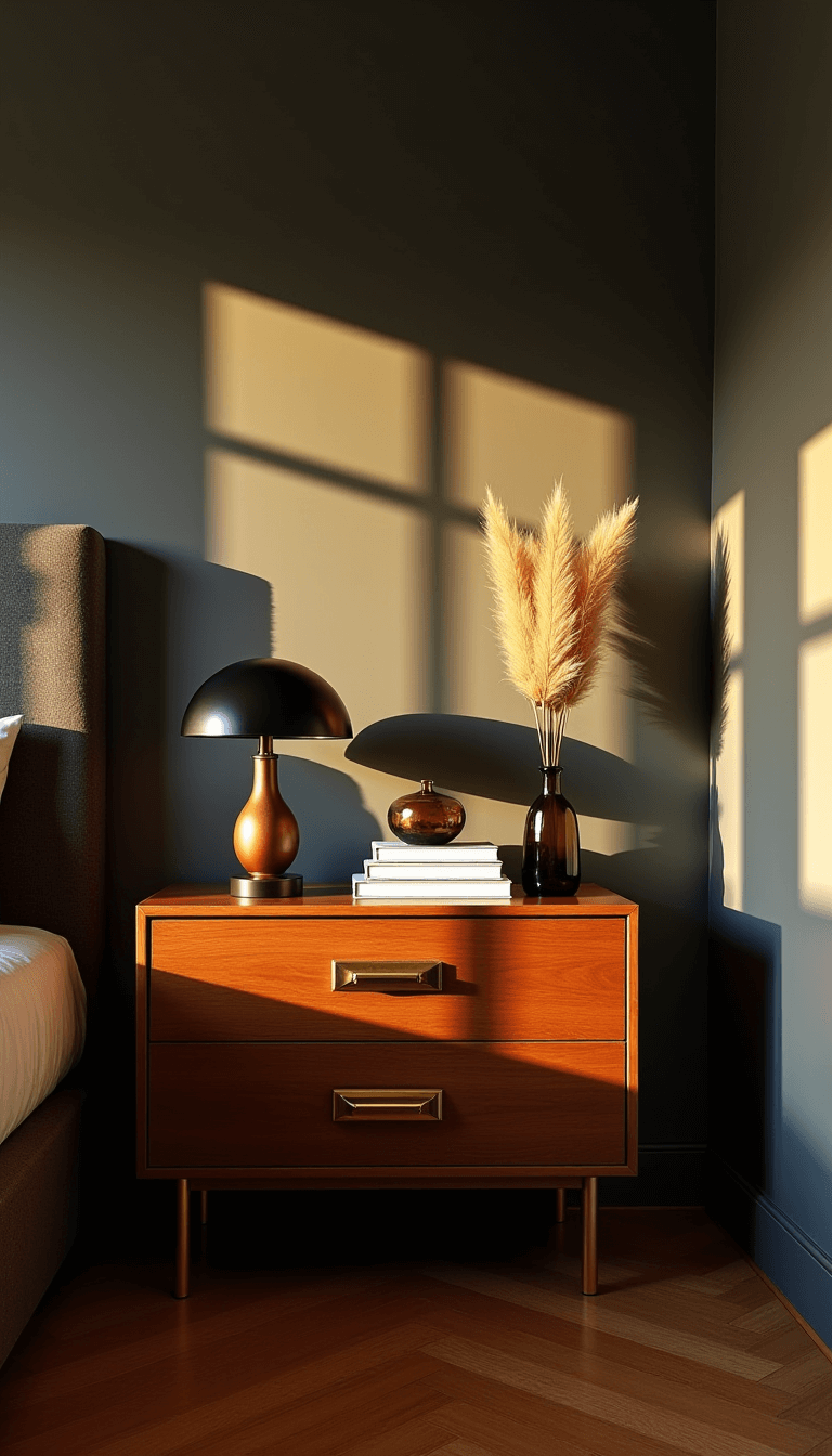 Sophisticated primary bedroom with tray ceiling, herringbone floors, and a statement walnut nightstand with brass handles, styled with a dome lamp, vintage art books and vase with dried pampas grass in golden hour light.