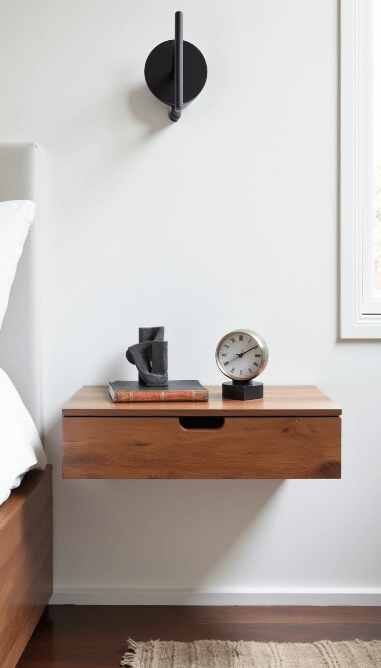 Modern 13x15ft bedroom with floor-to-ceiling windows, a floating eucalyptus wood nightstand with black sconce, and decorations including a brushed steel clock and an abstract sculpture. The room's neutral tone is emphasized by a focus on texture such as the smooth wooden grain and textured walls.