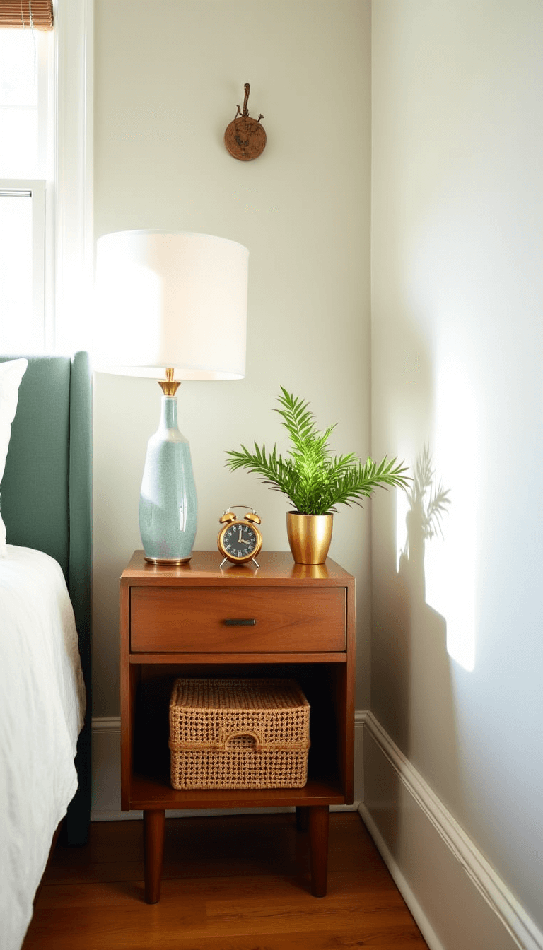 Cozy guest bedroom with mid-century walnut nightstand, vintage ceramic lamp, modernist alarm clock, and a small fern in a brass planter, highlighted by morning light.