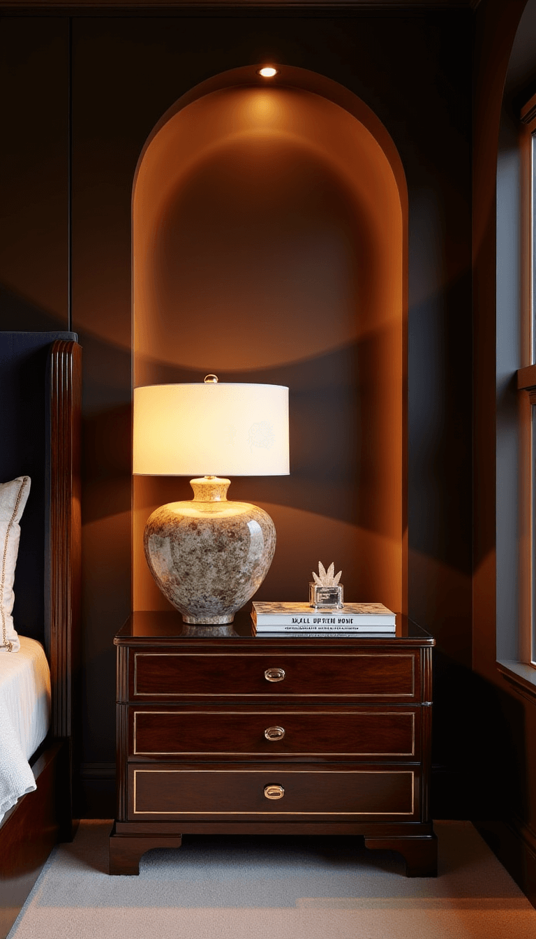 Elegant 17x20ft primary bedroom with architectural alcoves, chocolate brown walls, rosewood nightstand with brass inlay, dramatic evening lighting, marble table lamp, vintage coffee table books, crystal decor, and rich jewel tones.
