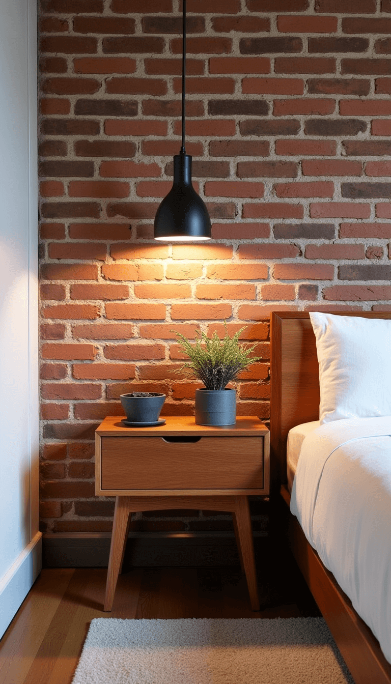 Urban loft bedroom featuring exposed brick wall, platform bed, teak nightstand, and industrial pendant light, styled with minimalist elements like a matte black task lamp and concrete catch-all dish. Industrial and mid-century elements intersect in the decor.