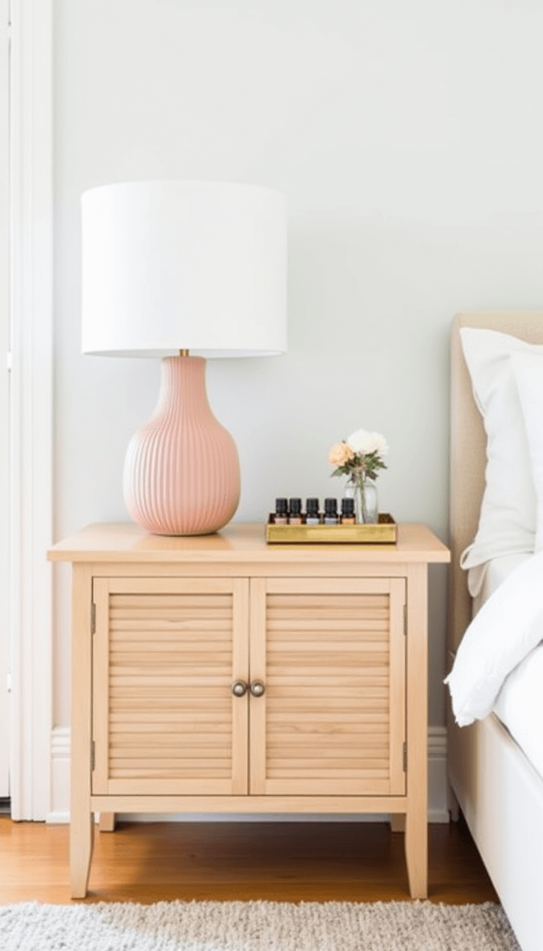 Master bedroom featuring French doors, maple nightstand with tambour door, ceramic lamp, brass mirror tray with essential oils and bud vase, all in a pastel color palette.
