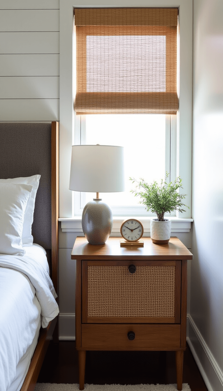 Spacious modern farmhouse bedroom with shiplap wall, mid-century nightstand, ceramic lamp, brass clock, olive tree, and bamboo shades filtering natural light.