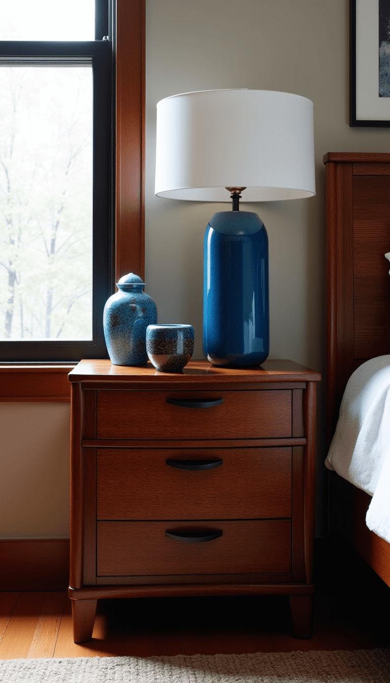 Artist's tranquil bedroom retreat with large north-facing windows, styled with a sculptural rosewood nightstand, modernist lamp, abstract ceramic vessel, and carefully selected art pieces; featuring rich wood tones and touches of cobalt blue and brushed bronze.