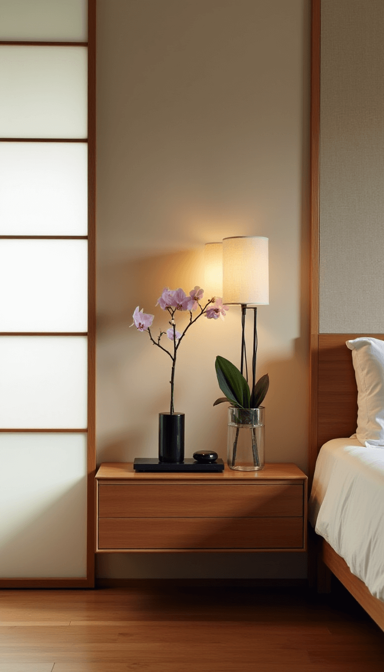 Zen-inspired bedroom with sliding shoji screens, minimal teak nightstand, black stone incense holder, and single orchid stem in morning light.