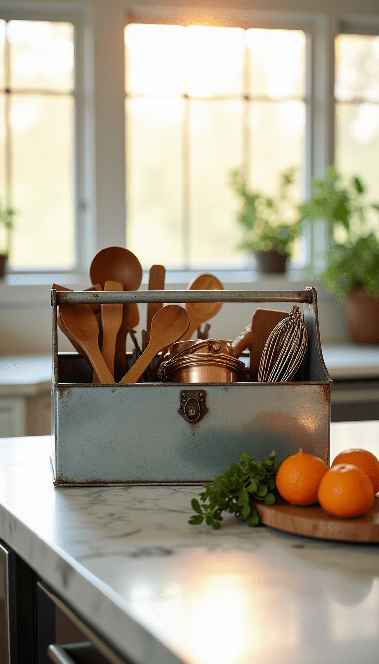 Vintage galvanized metal toolbox repurposed as utensil caddy on kitchen island, filled with wooden spoons, copper measuring cups, and whisks, surrounded by citrus fruits and herbs on marble top in morning sunlight.