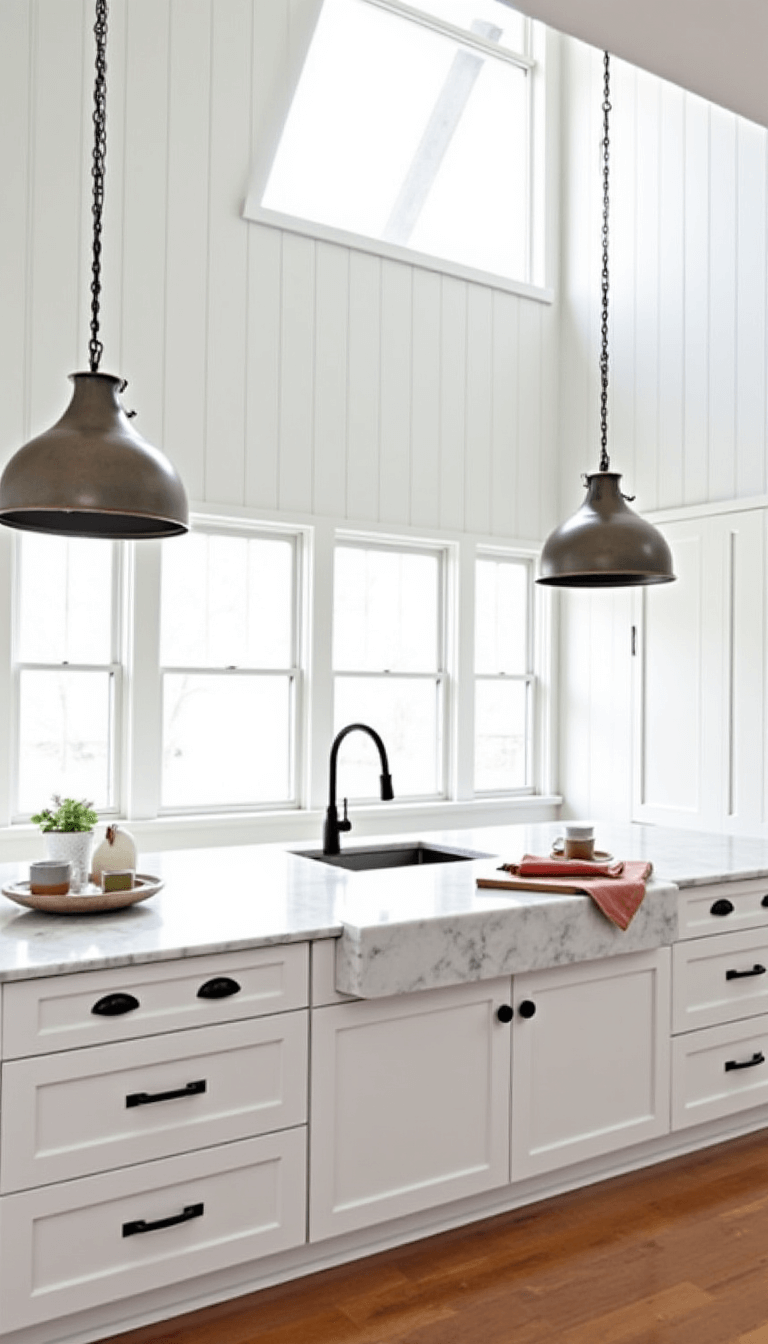 Bright modern farmhouse kitchen with double-height ceiling, skylight, white oak cabinets, marble island, aged steel pendants, and vertical shiplap walls.