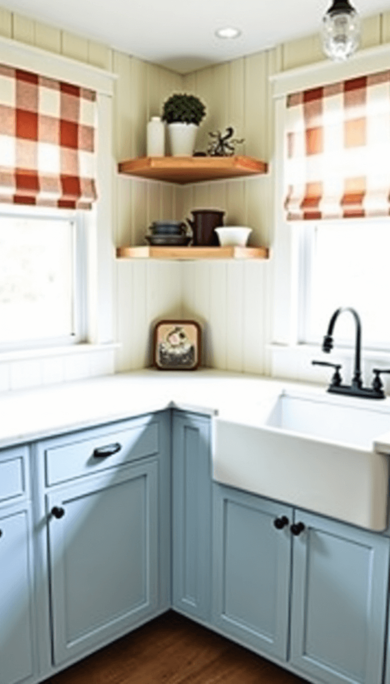 Sun-filled country kitchen with pale blue cabinets, white marble counters, farmhouse sink, buffalo check curtains and pine shelving, displaying a fresh and cheerful atmosphere.