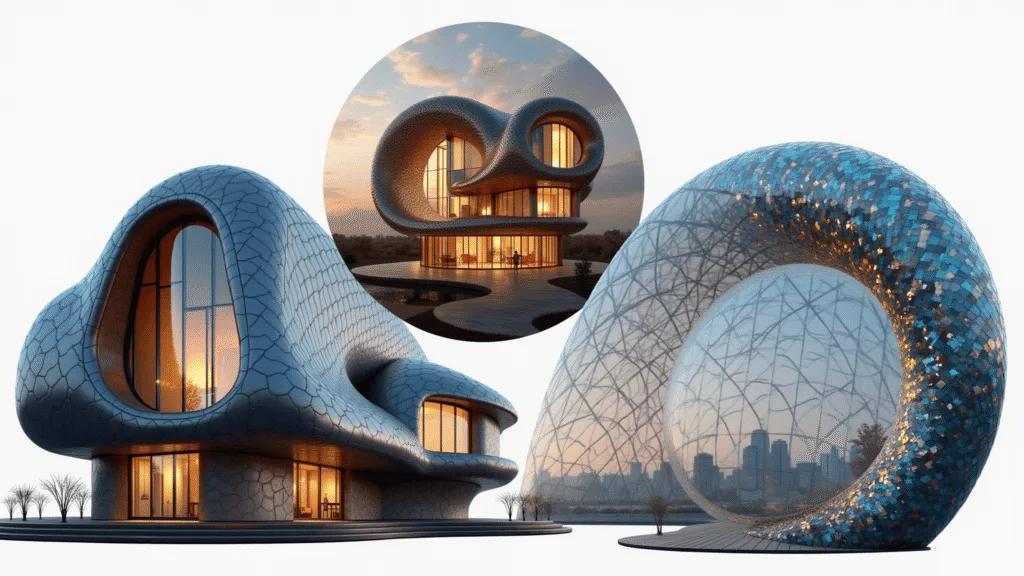 "Collage of three architectural marvels including a steel house, a spiral seashell-inspired home, and a rotating glass dome, showcased with dramatic lighting on a white background"