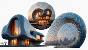 "Collage of three architectural marvels including a steel house, a spiral seashell-inspired home, and a rotating glass dome, showcased with dramatic lighting on a white background"
