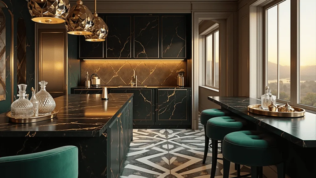 "Art Deco kitchen interior with black marble countertops, brass pendant lights, green velvet barstools, mirrored backsplash, and sunlit geometric floor."