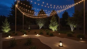 "Twilight backyard with string lights, path lights, lanterns and uplights against a deep blue sky"