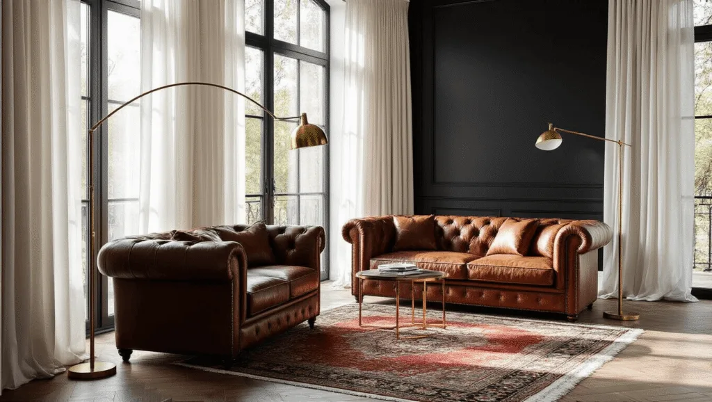 "Modern living room with black accent wall, vintage leather sofa, brass accents, natural light through floor-to-ceiling windows"