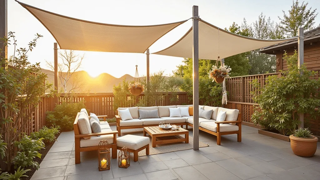 "Boho-style patio with white canopies, macramé plant hangers, teak furniture and copper lanterns in sunset lighting"