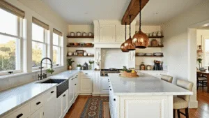 "Bright and airy farmhouse kitchen with white shaker cabinets, marble island, vintage sink, copper pots, and natural wood accents in golden hour light"
