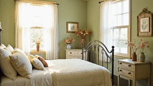 "Vintage cottagecore bedroom with iron bed, sage walls, lace curtains, dried flowers, weathered furniture, and morning sunlight"