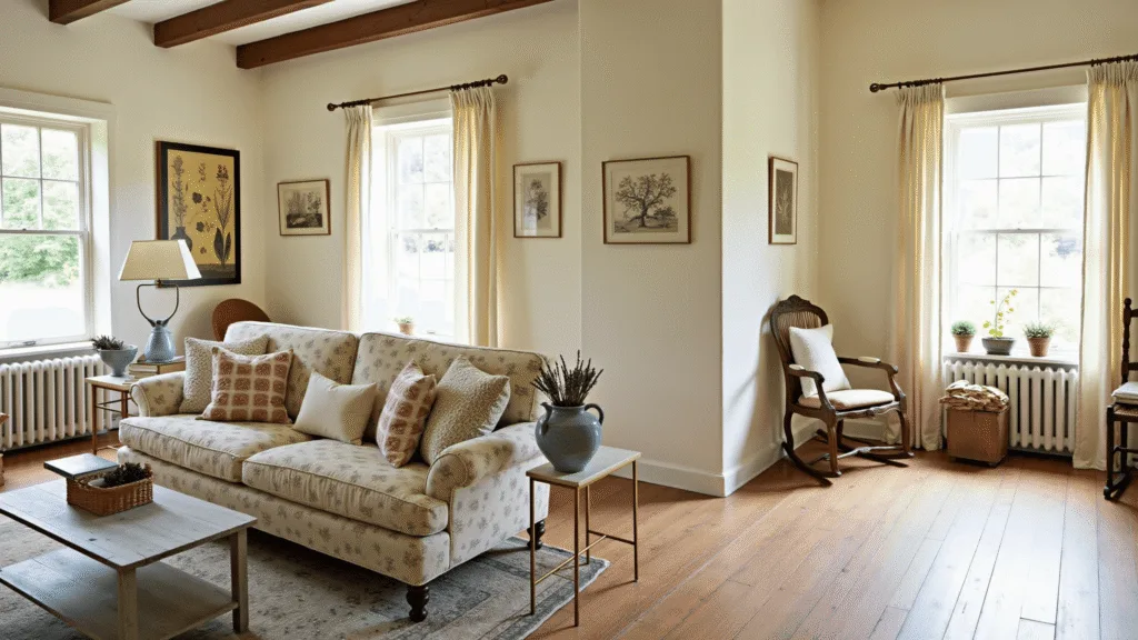 "Sunlit vintage cottagecore living room with cream walls, wooden flooring, floral-patterned sofa, vintage decor, and a cozy reading nook."