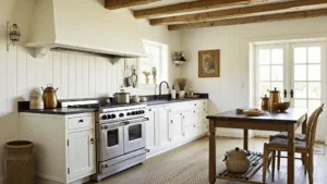 "Cottagecore farmhouse kitchen with white beadboard walls, exposed beams, vintage table, copper pots, mason jars, illuminated by warm golden hour light."