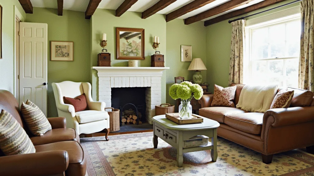 "Sunlit cottage living room with sage green walls, wooden beams, vintage furniture, cream armchair, brick fireplace, and countryside accents."