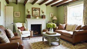 "Sunlit cottage living room with sage green walls, wooden beams, vintage furniture, cream armchair, brick fireplace, and countryside accents."