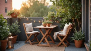 "Cozy urban balcony with teak bistro set, potted plants, string lights, and ivy-covered concrete balustrade during golden hour"