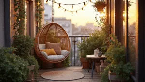 "Urban balcony with rattan egg chair, potted plants, string lights, and bistro table during sunset"