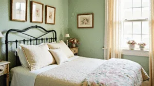 "Cottagecore bedroom with sage green walls, Victorian iron bed, layered vintage quilts, botanical prints, flowing lace curtains, and an antique vanity in soft morning light"