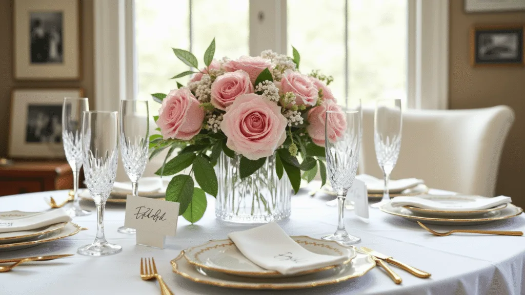 "Elegant Mother's Day table setting with pink roses, crystal flutes, gold accents and vintage family photos under soft natural light"