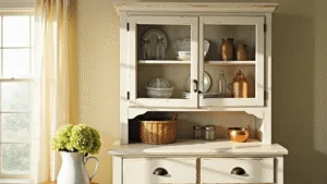 "Vintage farmhouse hutch displaying ironstone dishes and mason jars in sunlit kitchen with hydrangeas"