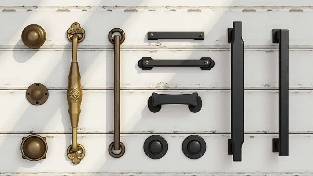 "Vintage farmhouse kitchen hardware including brass pulls, bronze knobs, and black handles on a rustic white shiplap background"