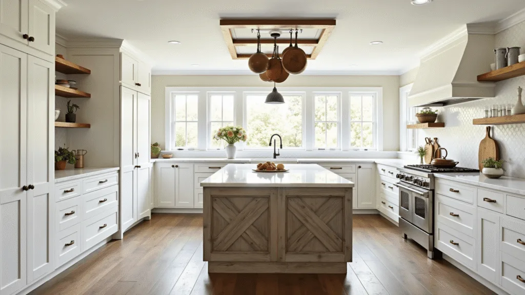 "White Shaker-style farmhouse kitchen with brass hardware, reclaimed wood island with marble countertop, vintage pottery and copper accents in morning sunlight"