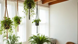 "Sunny interior room with hanging plants, macrame planters, pothos vines and Boston ferns, and minimalist furniture in background"