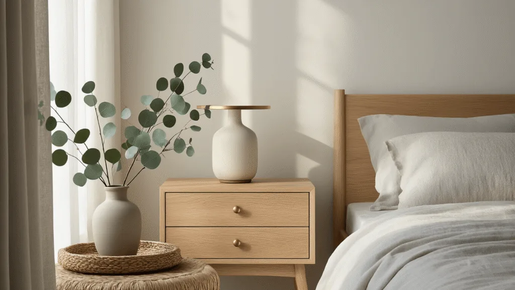 "Minimalist Japandi oak nightstand with brass hardware, ceramic lamp, and eucalyptus stems in a bedroom filled with morning light."