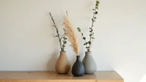 "Three Japandi ceramic vases in earth tones on an oak shelf, bathed in natural light, with minimal dried pampas grass and eucalyptus stems"