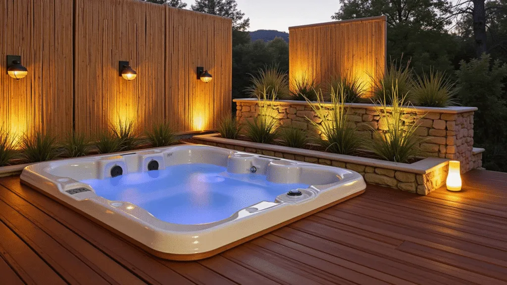 "Modern 6-person hot tub on a wooden deck with bamboo privacy screens, terraced stone planters, and ambient lighting creating a sunset glow"