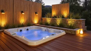 "Modern 6-person hot tub on a wooden deck with bamboo privacy screens, terraced stone planters, and ambient lighting creating a sunset glow"