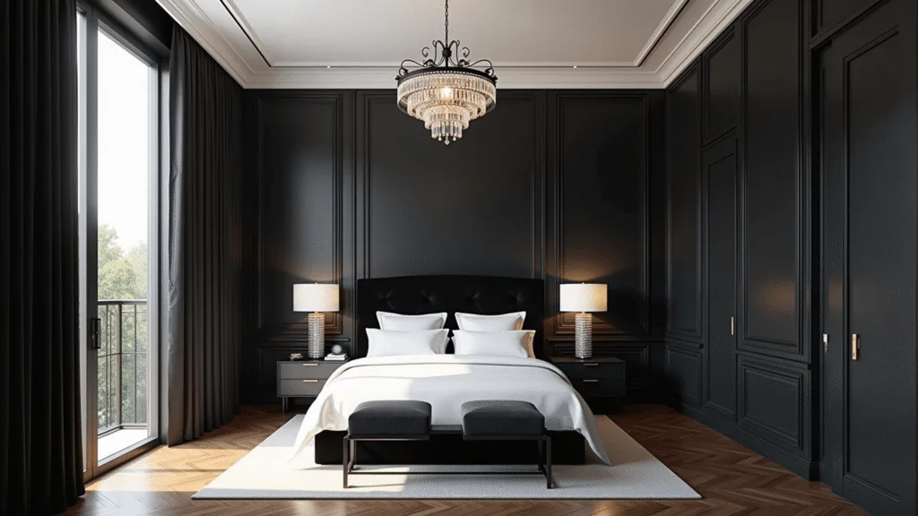 "Modern black and white bedroom interior with crystal chandelier, velvet headboard and herringbone hardwood floor"