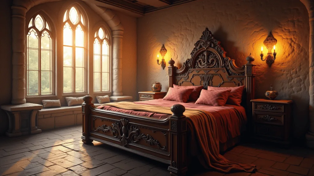 "Medieval-inspired bedroom with dragon-carved mahogany bed, tall Gothic windows during golden hour, stone walls, and ornate wrought iron sconces."