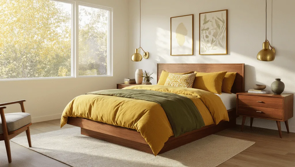 "Sunlit mid-century modern bedroom with walnut platform bed, mustard yellow and olive green bedding, vintage ceramic table lamps on walnut nightstands, and warm brass accents"