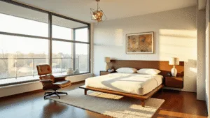 "Mid-century modern bedroom with walnut platform bed, Eames chair, brass light fixture, and golden hour sunlight"